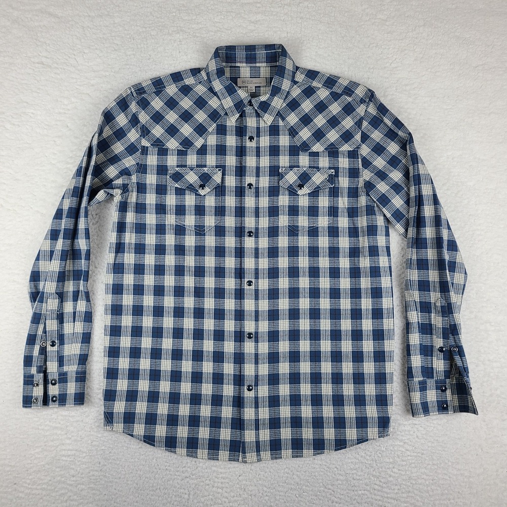 Blue Ranchwear Shirt Mens‎ Medium Blue Plaid Cotton Western Pearl Snap Button Up
